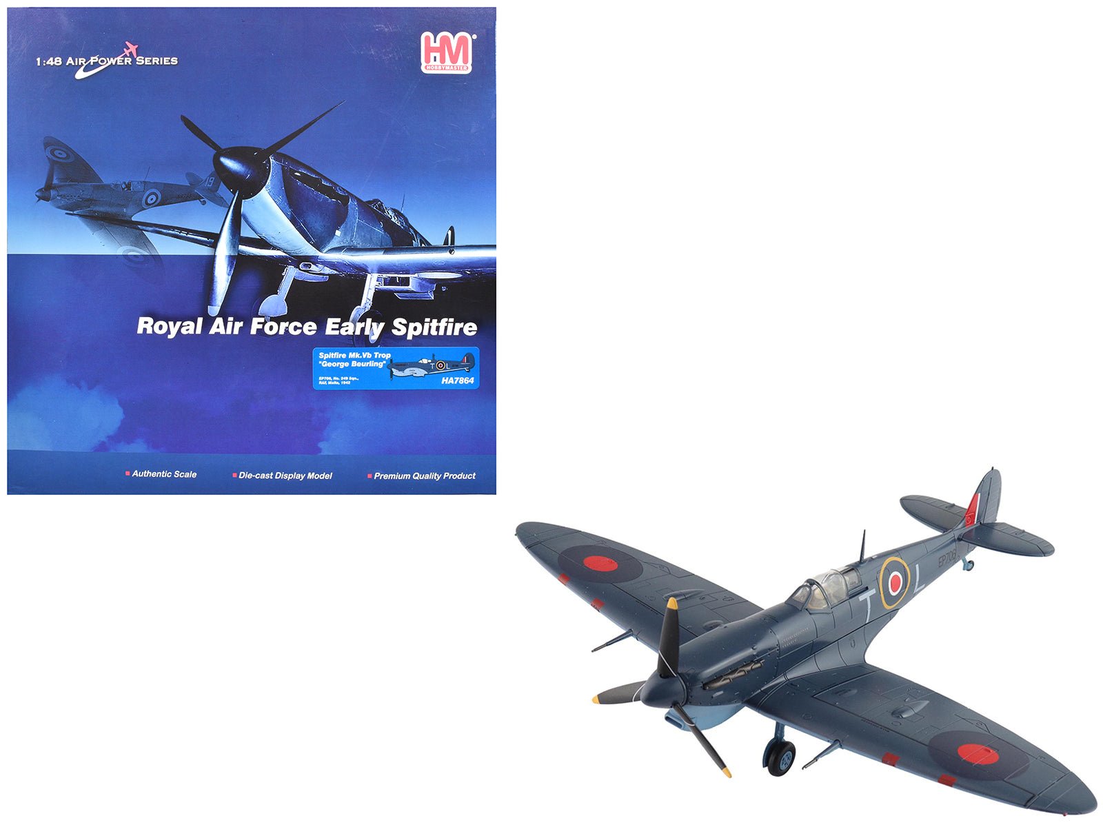 Supermarine Spitfire Mk.Vb Trop Fighter Aircraft "EP706 George Beurling No. 249 Squadron Malta" (1942) British Royal Air Force "Air Power Series" 1/48 Diecast Model by Hobby Master free shipping USA - Rapid Vehicles