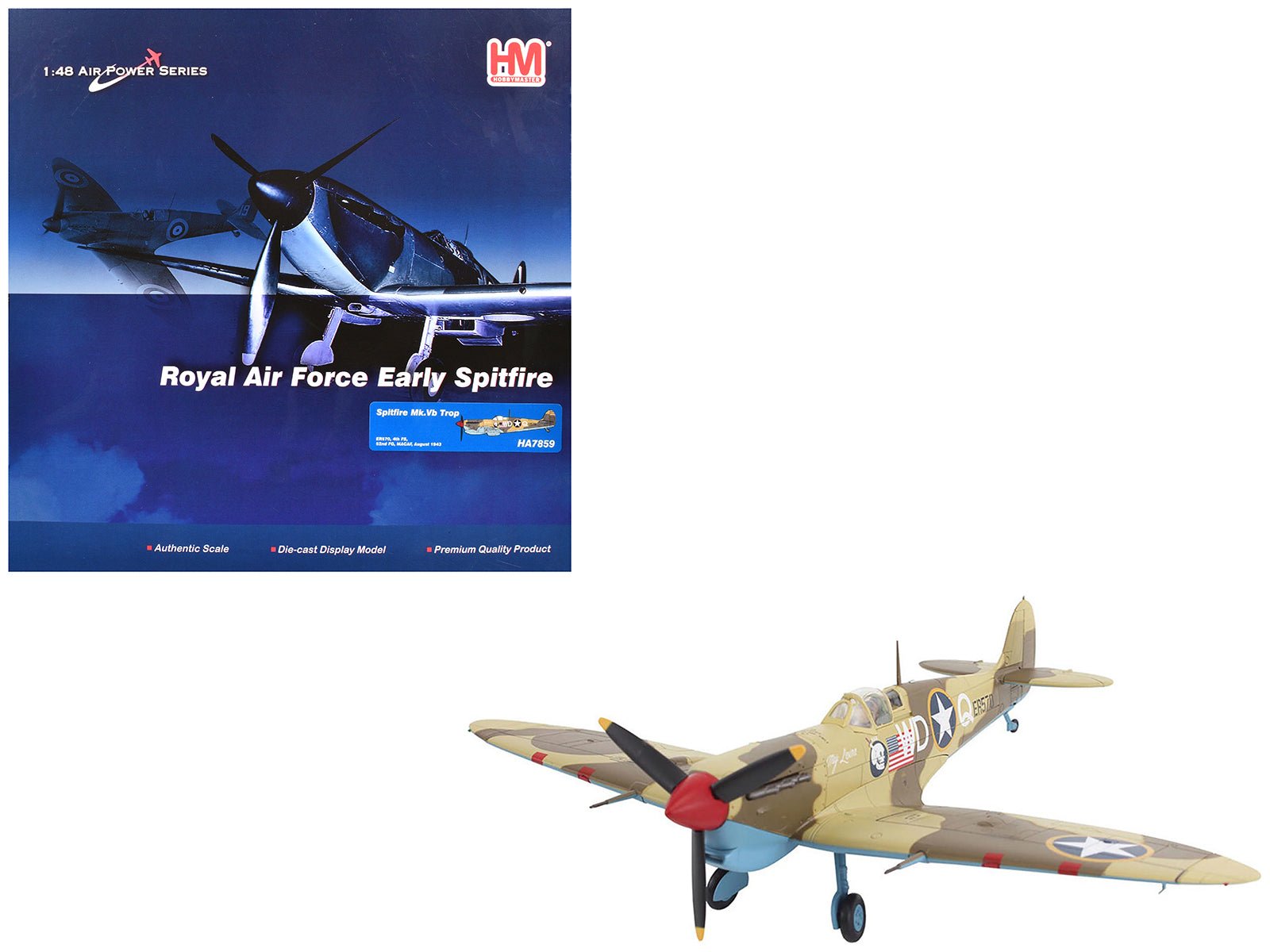 Supermarine Spitfire Mk.Vb Trop Fighter Aircraft "ER570 4th Fighter Squadron 52nd Fighter Group" (1943) Mediterranean Allied Coastal Air Force "Air Power Series" 1/48 Diecast Model by Hobby Master free shipping USA - Rapid Vehicles