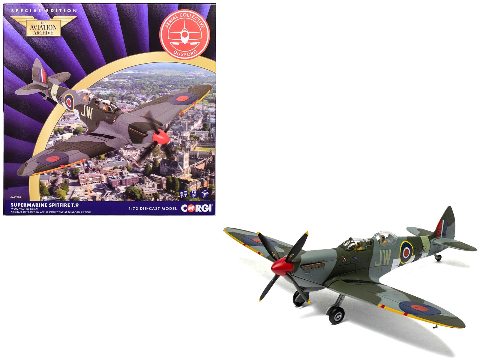 Supermarine Spitfire T.9 Aircraft "PV202 Aerial Collective at Duxford Airfield" British Royal Air Force "The Aviation Archive" Series 1/72 Diecast Model by Corgi free shipping USA - Rapid Vehicles