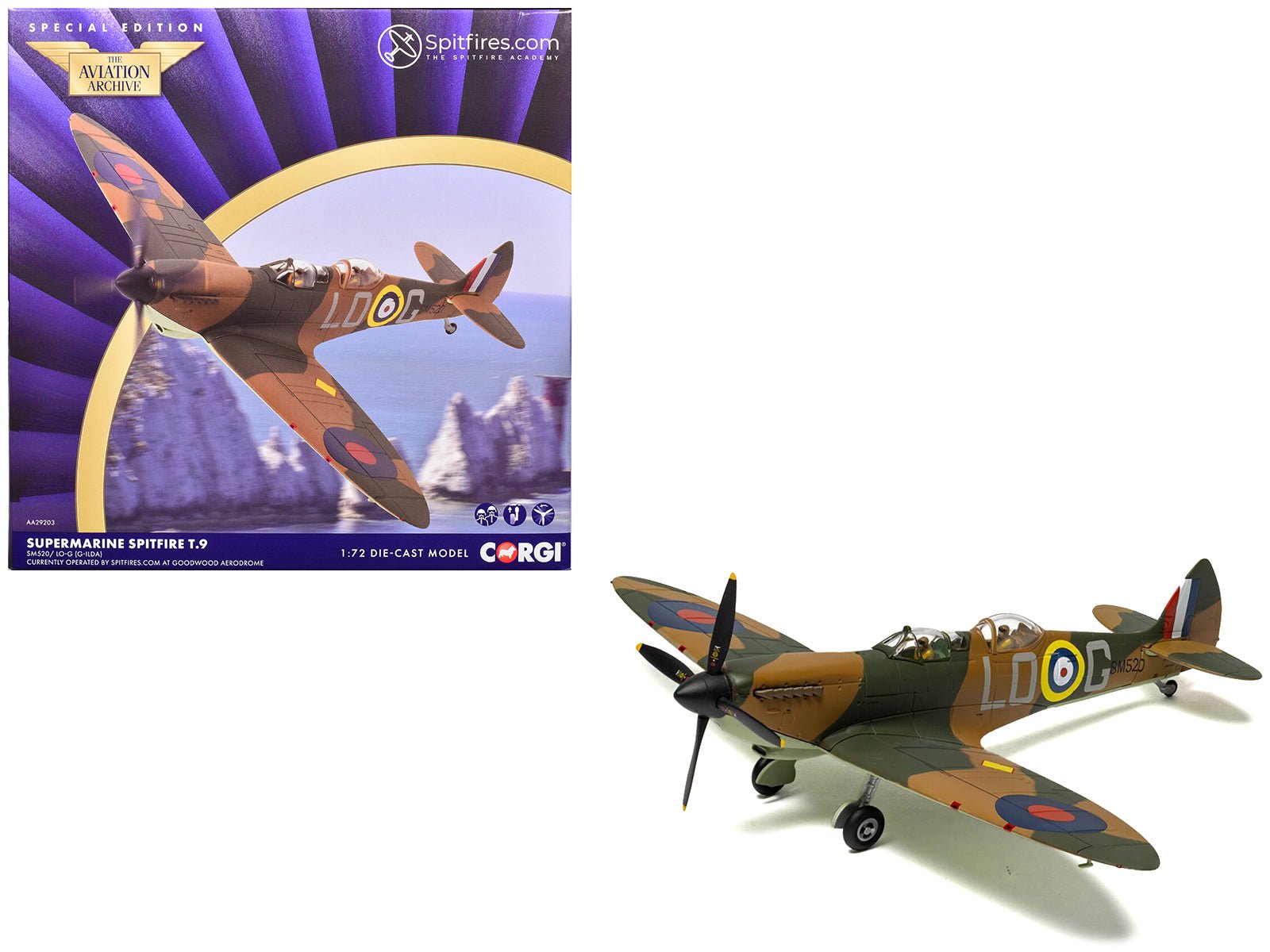 Supermarine Spitfire T.9 Aircraft "SM520 Spitfires.com Goodwood Aerodrome" British Royal Air Force "The Aviation Archive" Series 1/72 Diecast Model by Corgi free shipping USA - Rapid Vehicles