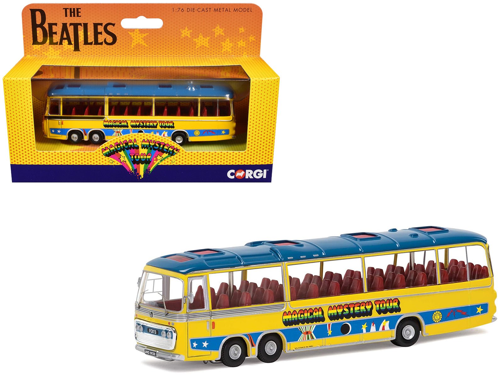 The Beatles "Magical Mystery Tour" Bus Yellow with Blue Top and Graphics Diecast Model Car by Corgi free shipping USA - Rapid Vehicles