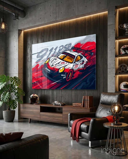 The Rhythm of the Track: Porsche 911 RSR Glass Wall Art || Designer Collection - Rapid Vehicles