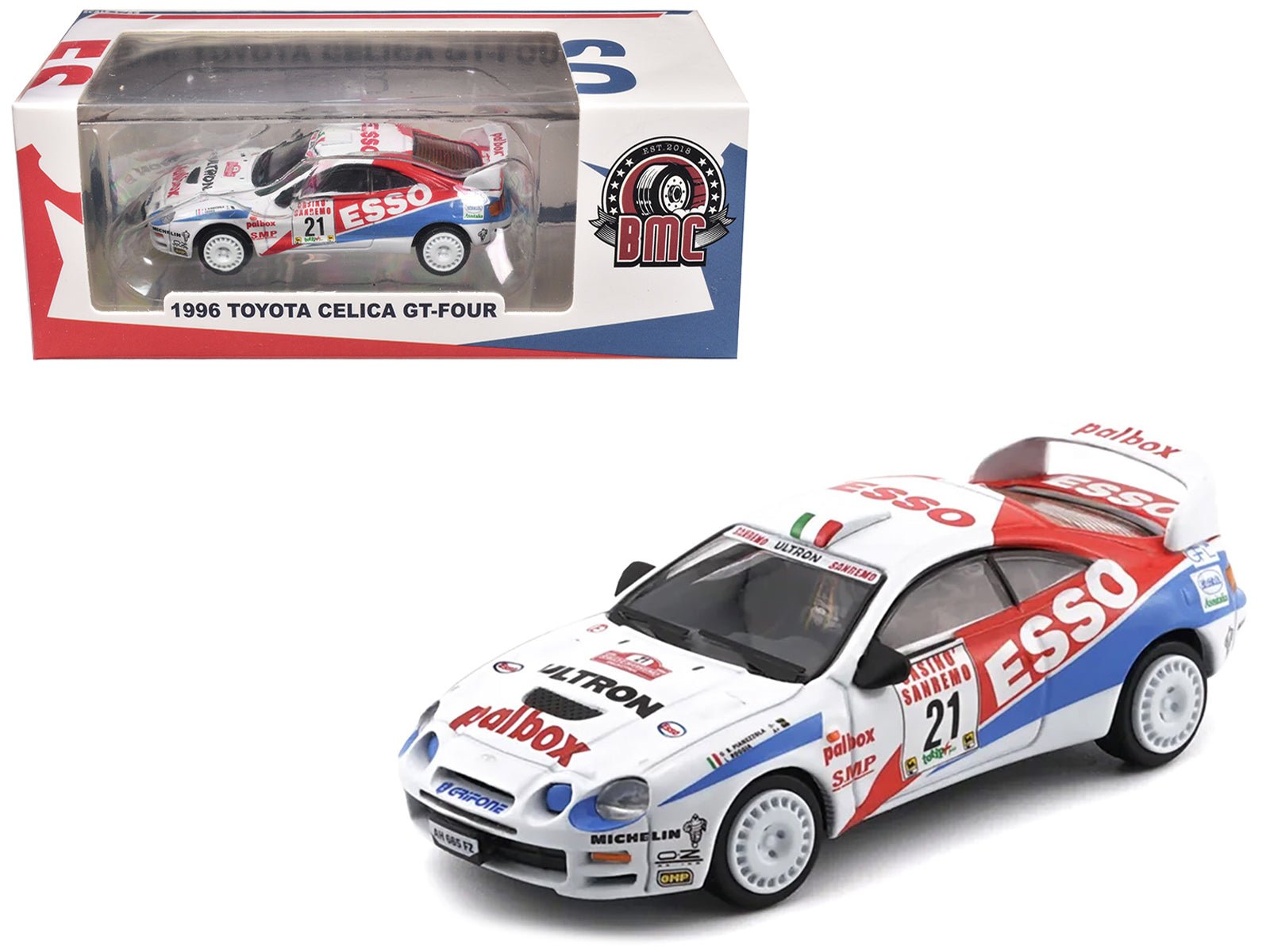 Toyota Celica GT - Four 21 Gilberto Pianezzola - Loris Roggia "Rallye Sanremo - Rallye d'Italia" (1996) with Extra Wheels 1/64 Diecast Model Car by BM Creations free shipping USA - Rapid Vehicles