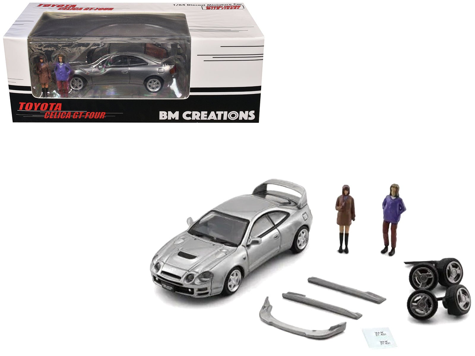 Toyota Celica GT - Four RHD (Right Hand Drive) ID Silver Metallic with 2 Figures and Accessories 1/64 Diecast Model Car by BM Creations free shipping USA - Rapid Vehicles