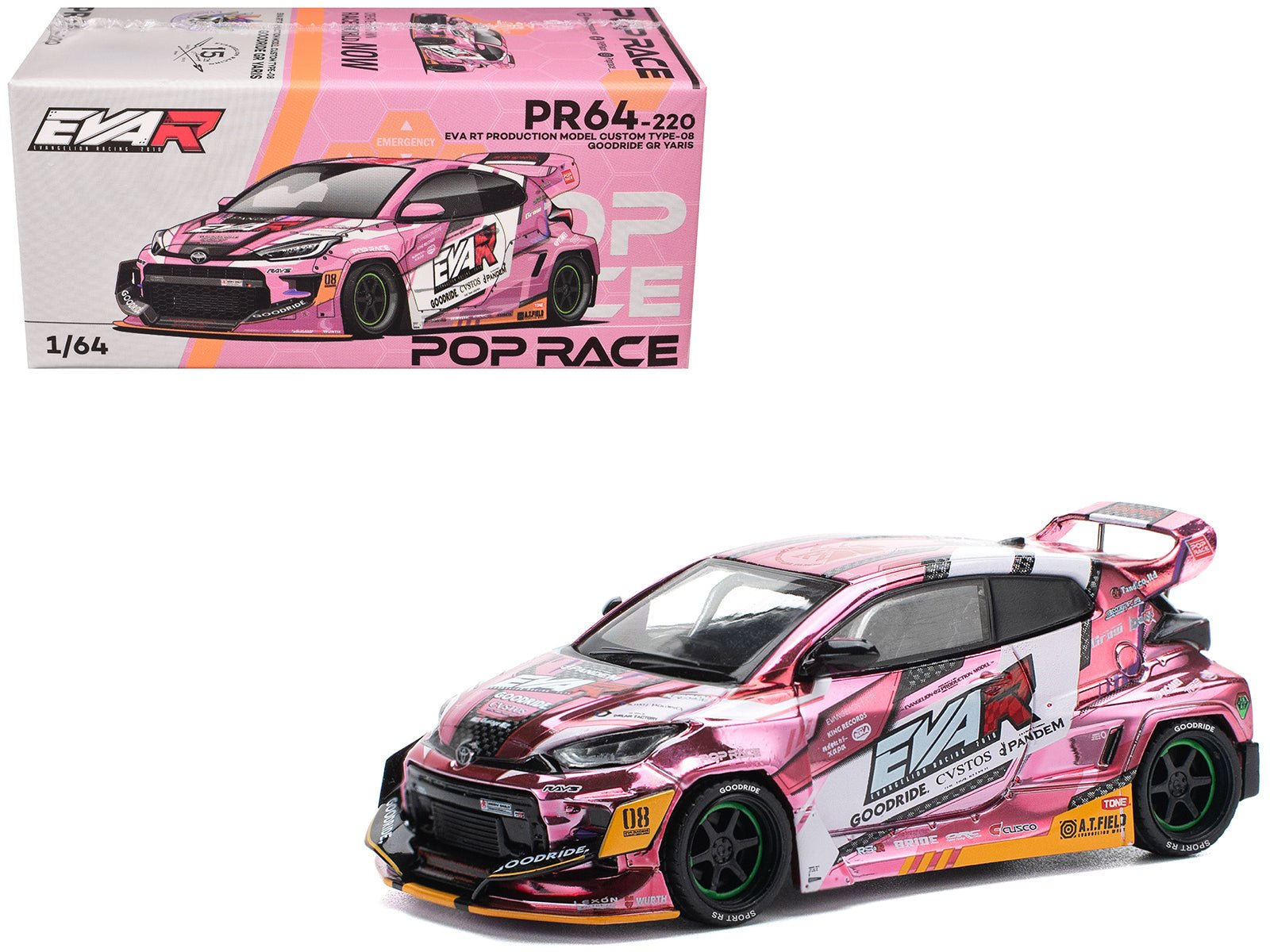Toyota Goodride GR Yaris RHD (Right Hand Drive) "EVA RT Production Model - 08" Pink Metallic with Graphics 1/64 Diecast Model Car by Pop Race free shipping USA - Rapid Vehicles