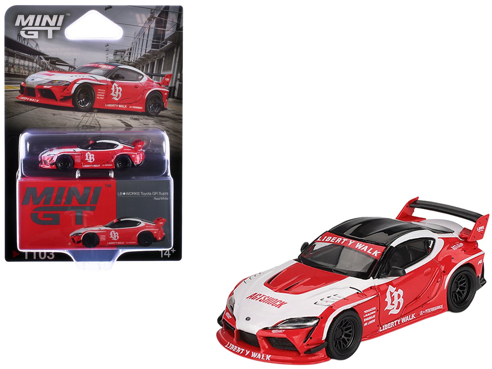 Toyota GR Supra "LB - Works" Red with White Stripes and Black Top Limited Edition 1/64 Diecast Model Car by Mini GT free shipping USA - Rapid Vehicles