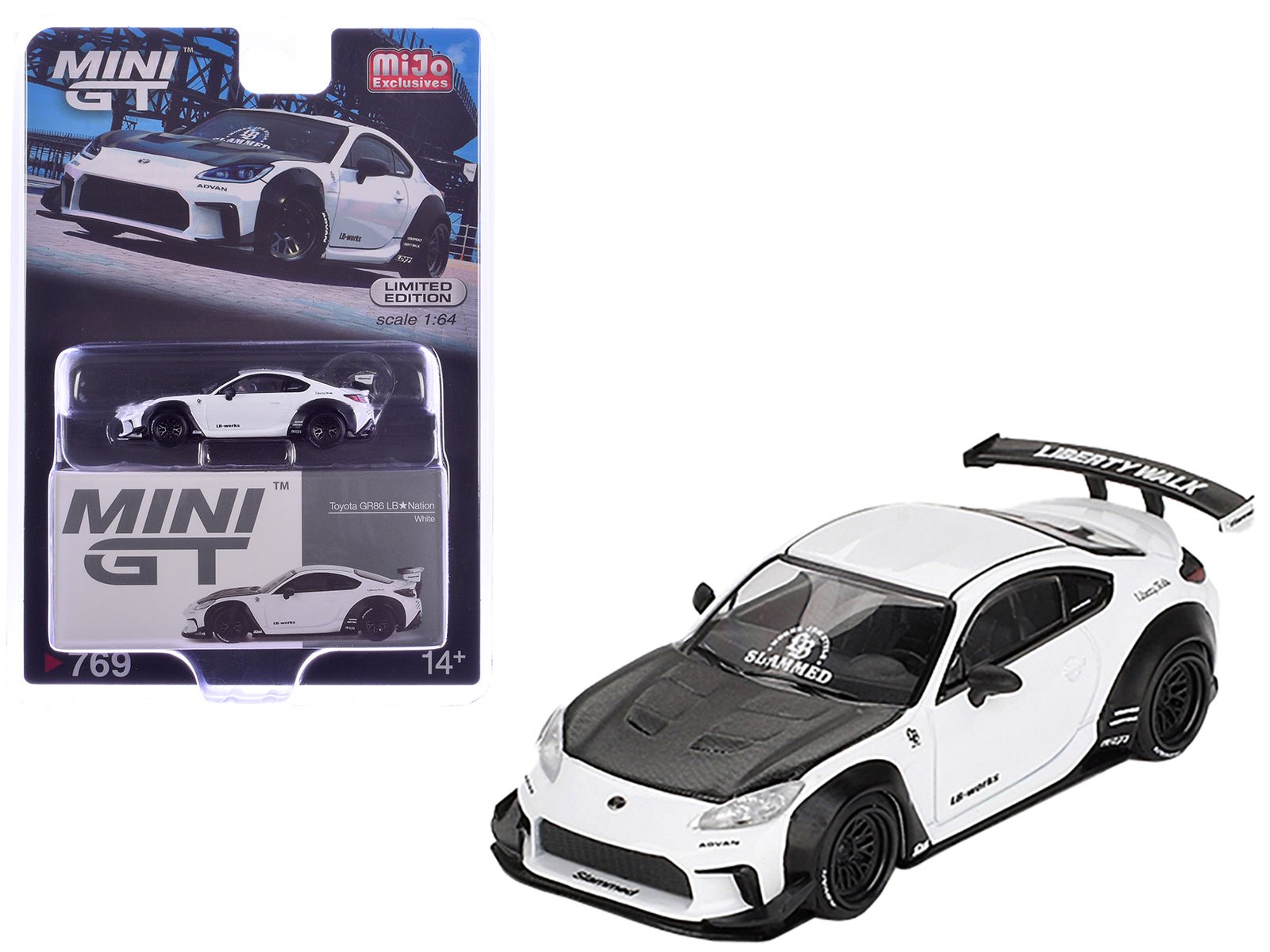 Toyota GR86 "LB - Nation - Liberty Walk" White with Carbon Hood Limited Edition 1/64 Diecast Model Car by Mini GT free shipping USA - Rapid Vehicles