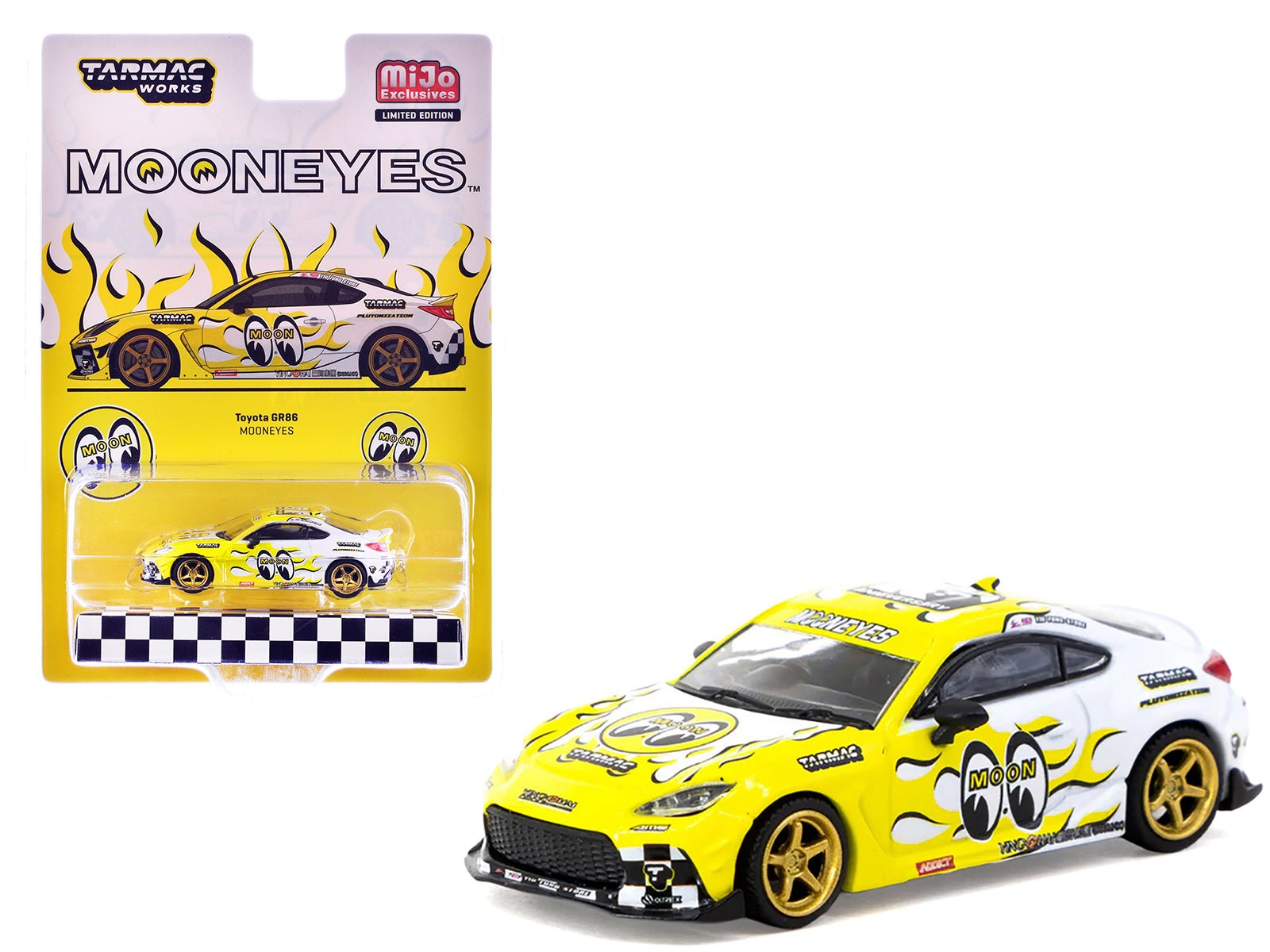Toyota GR86 RHD (Right Hand Drive) "MoonEyes" White with Yellow Flames and Graphics "Global64" Series 1/64 Diecast Model by Tarmac Works free shipping USA - Rapid Vehicles