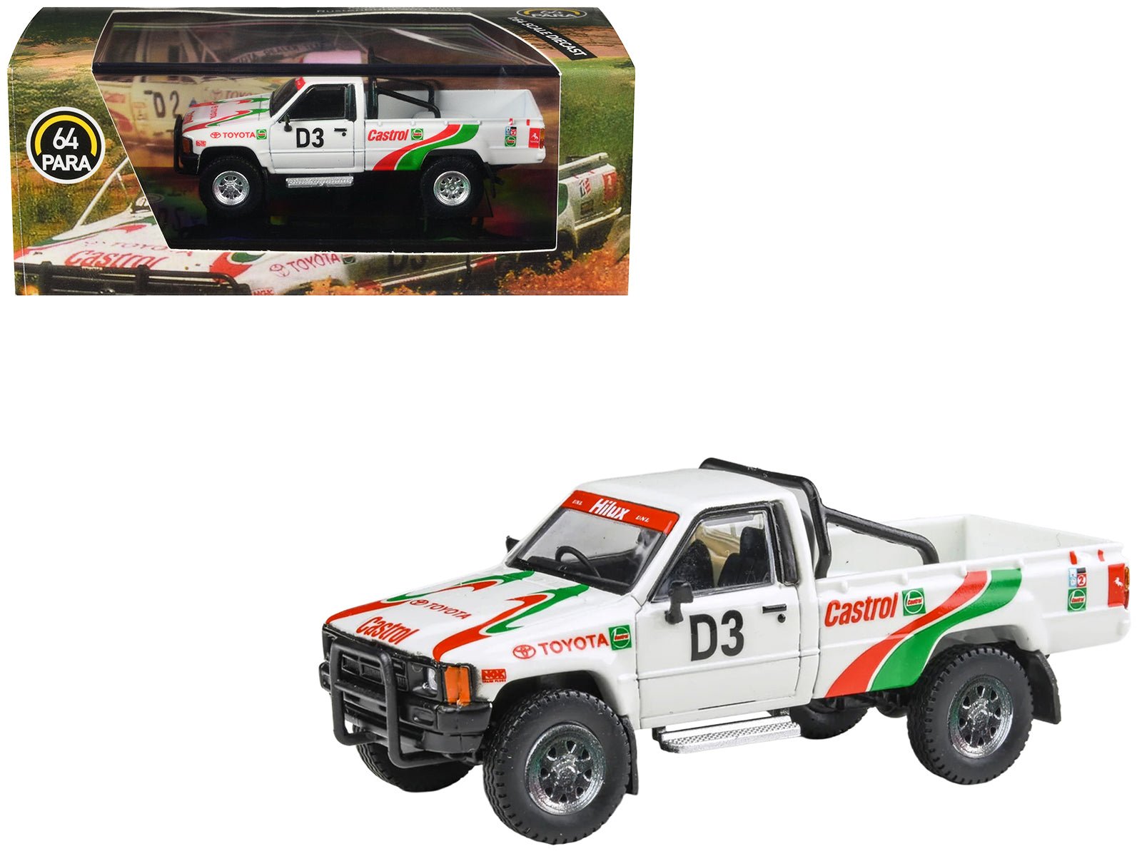Toyota Hilux Pickup Truck D3 "Castrol" White with Graphics "Rustenburg 400 Rally" (1995) 1/64 Diecast Model Car by Paragon Models free shipping USA - Rapid Vehicles