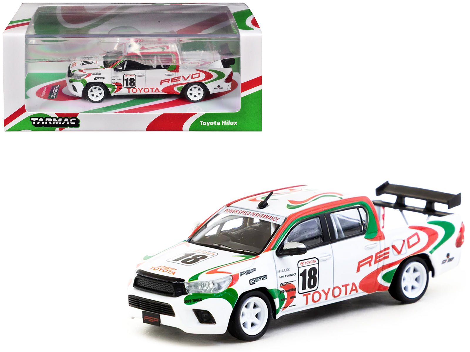 Toyota Hilux Pickup Truck RHD (Right Hand Drive) 18 White with Red and Green Graphics "Hobby64" Series 1/64 Diecast Model Car by Tarmac Works free shipping USA - Rapid Vehicles