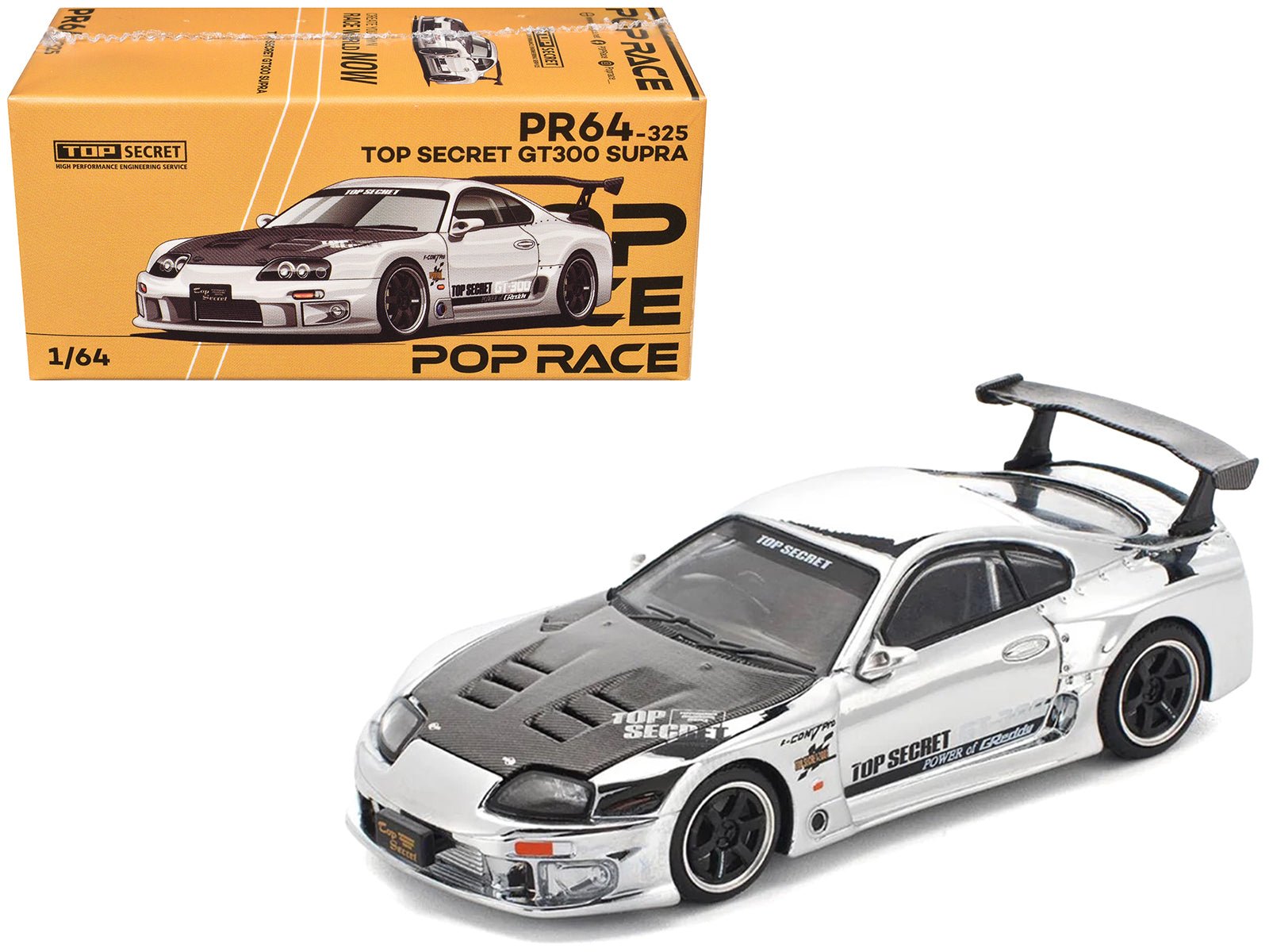 Toyota Supra "Top Secret" GT300 RHD (Right Hand Drive) Silver Chrome 1/64 Diecast Model Car by Pop Race free shipping USA - Rapid Vehicles