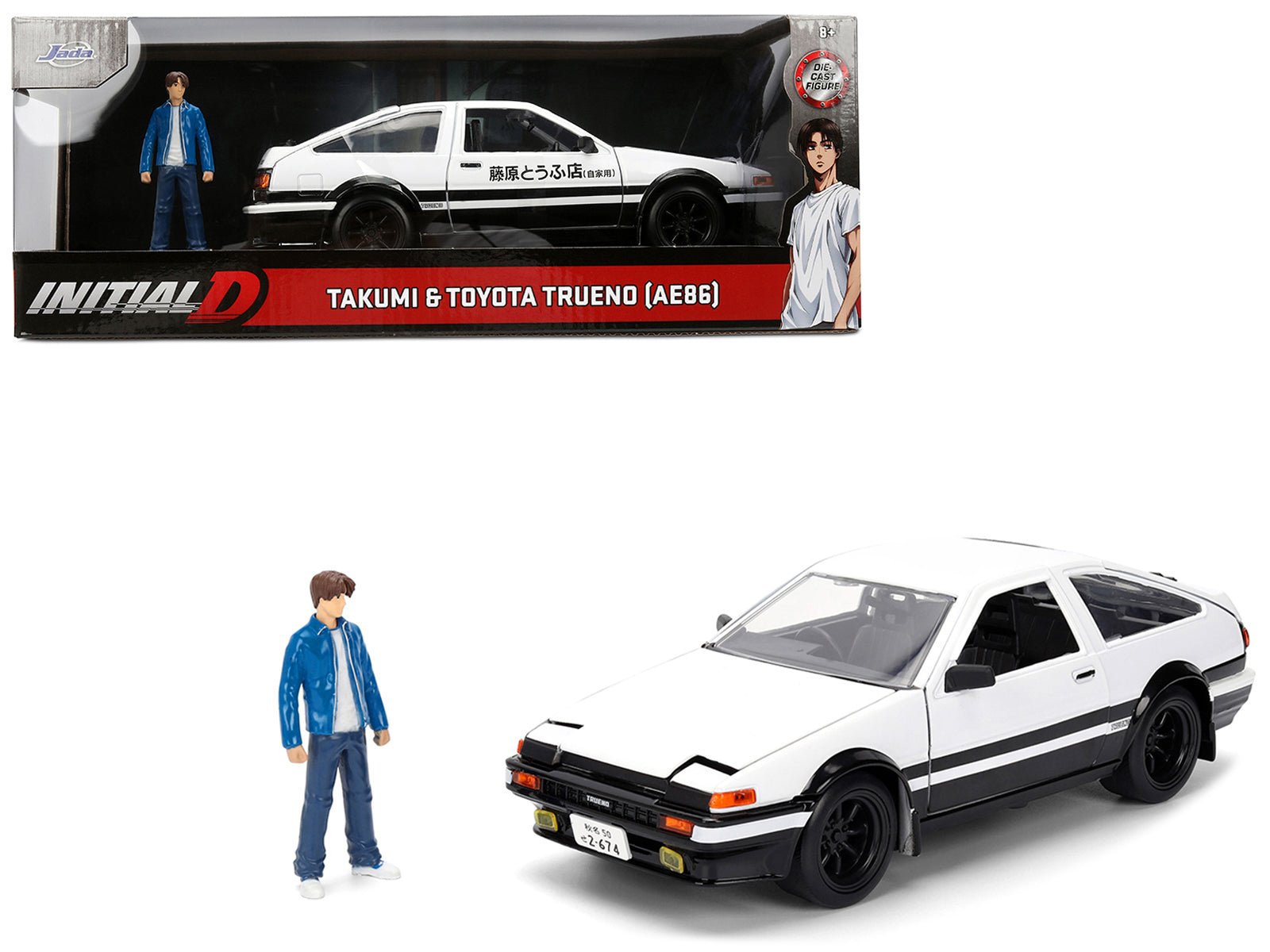 Toyota Trueno (AE86) RHD (Right Hand Drive) White and Black with Graphics and Takumi Diecast Figure "Initial D" (1998 - 2021) TV Series "Anime Hollywood Rides" Series 1/24 Diecast Model by Jada free shipping USA - Rapid Vehicles