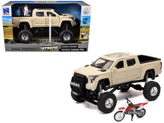 Toyota Tundra Pro Pickup Truck Tan and Honda CR250R Motorcycle Red and White "Xtreme Off - Road" Series 1/32 Diecast Models by New Ray free shipping USA - Rapid Vehicles