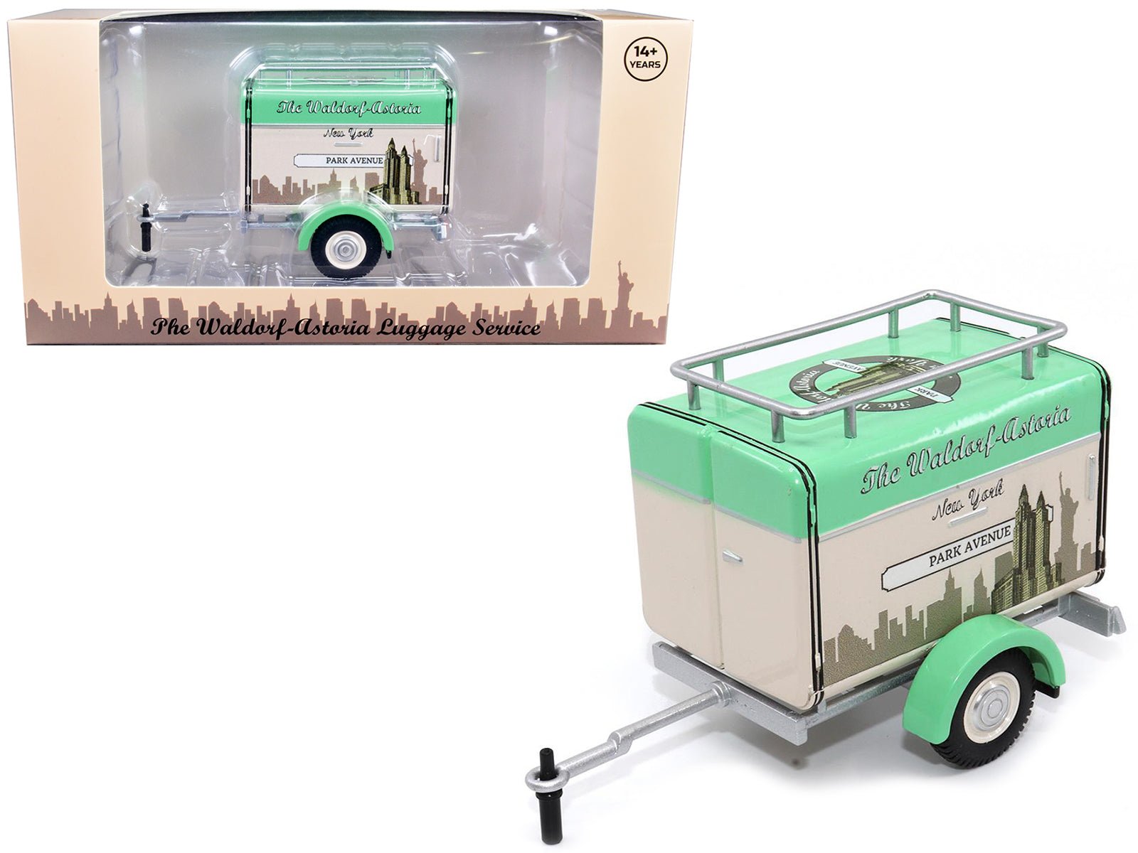 Travel Trailer Beige with Light Green Top "The Waldorf - Astoria Luggage Service New York - Park Avenue" 1/24 Diecast Model Car by Motor City Classics free shipping USA - Rapid Vehicles