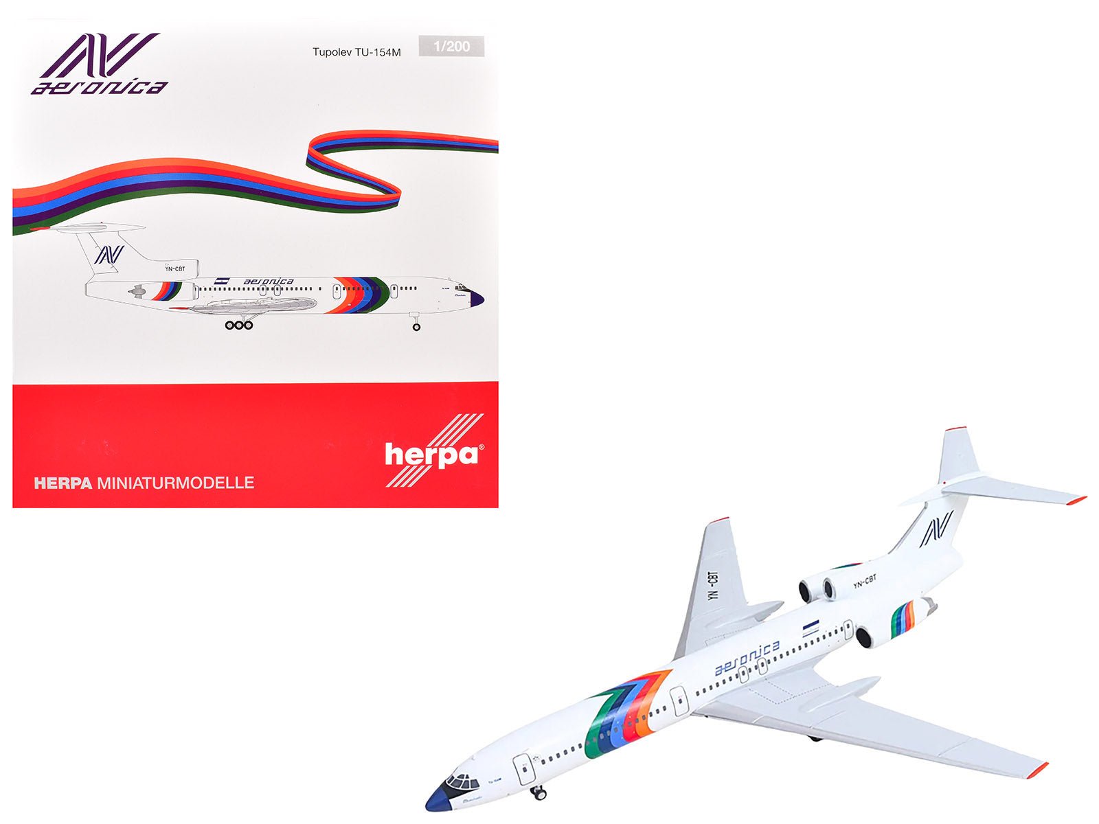 Tupolev TU - 154M Commercial Aircraft "Aeronica" (YN - CBT) White with Stripes 1/200 Diecast Model by Herpa free shipping USA - Rapid Vehicles