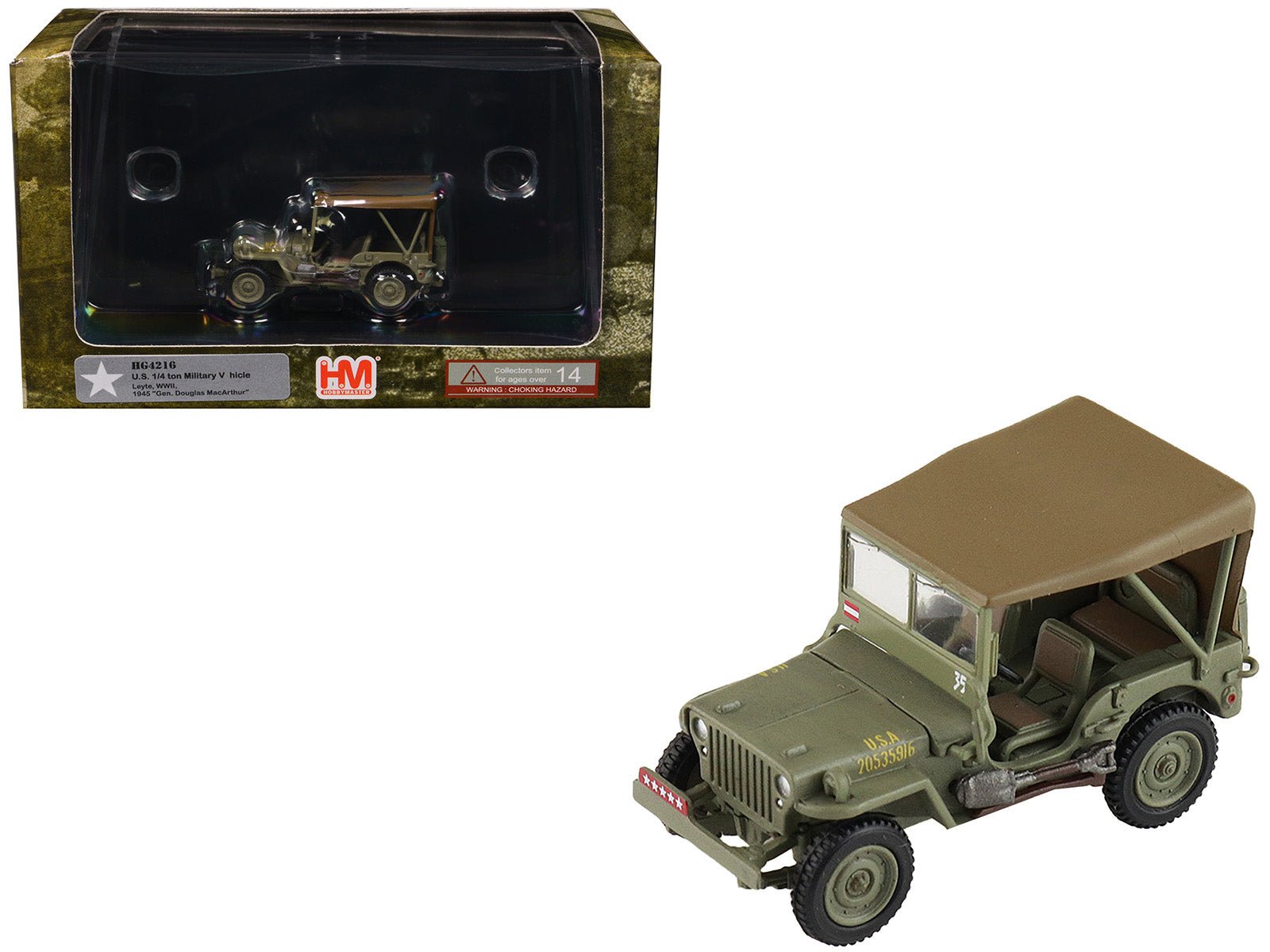 U.S. 1/4 ton Military Vehicle Olive Drab "Gen. Douglas MacArthur Leyte WWII" (1945) United States Army "Ground Power Series" 1/72 Diecast Model by Hobby Master free shipping USA - Rapid Vehicles