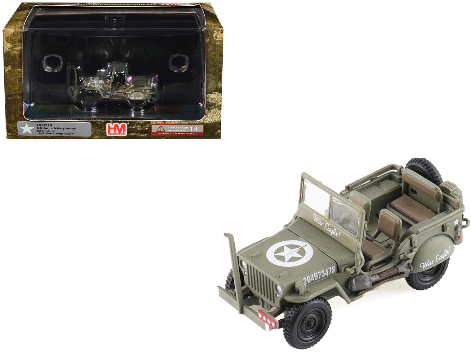 U.S. 1/4 ton Military Vehicle Olive Drab "Gen. George Patton US 3rd Army War Eagle" (1945) United States Army "Ground Power Series" 1/72 Diecast Model by Hobby Master free shipping USA - Rapid Vehicles