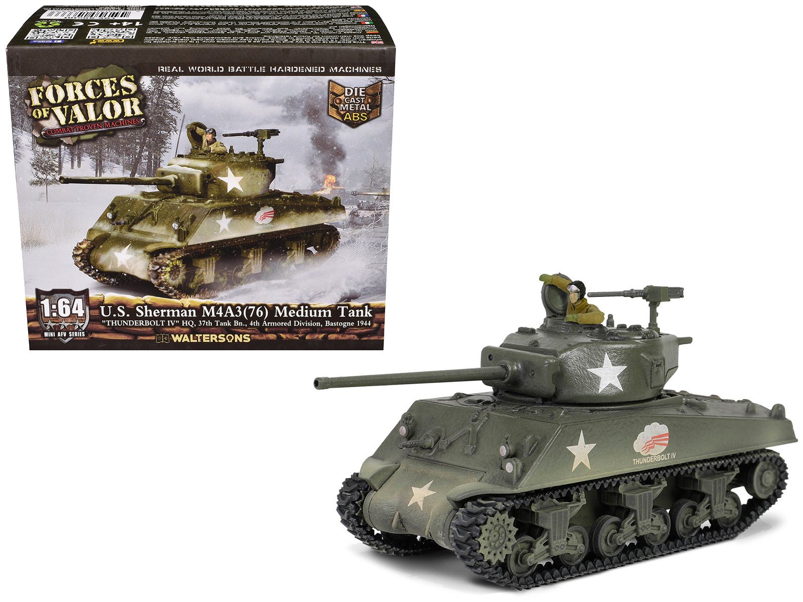 U.S. Sherman M4A3(76) Medium Tank "THUNDERBOLT IV 37th Tank Battalion 4th Armored Division Bastogne" (1944) United States Army "Mini AFV" Series 1/64 Diecast Model by Forces of Valor free shipping USA - Rapid Vehicles