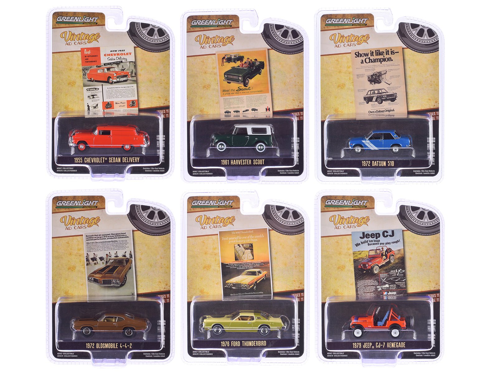 "Vintage Ad Cars" Series 11 Set of 6 pieces 1/64 Diecast Model Cars by Greenlight free shipping USA - Rapid Vehicles