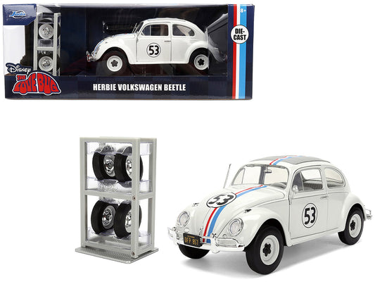 Volkswagen Beetle 53 "Herbie" White with Stripes "The Love Bug" (1968) Movie with Extra Wheels 1/24 Diecast Model Car by Jada free shipping USA - Rapid Vehicles