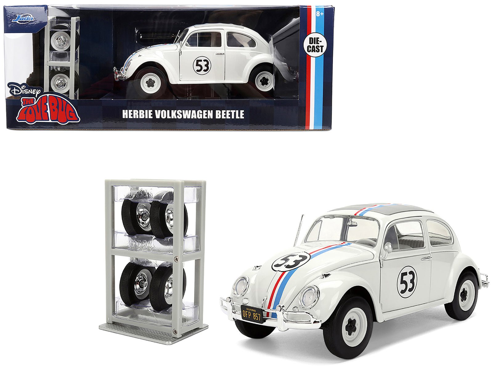 Volkswagen Beetle 53 "Herbie" White with Stripes "The Love Bug" (1968) Movie with Extra Wheels 1/24 Diecast Model Car by Jada free shipping USA - Rapid Vehicles