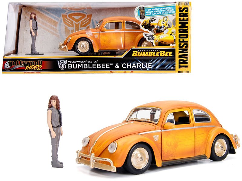 Volkswagen Beetle Weathered Yellow with Robot on Chassis and Charlie Diecast Figurine "Bumblebee" (2018) Movie ("Transformers" Series) "Hollywood Rides" Series 1/24 Diecast Model Car by Jada free shipping USA - Rapid Vehicles
