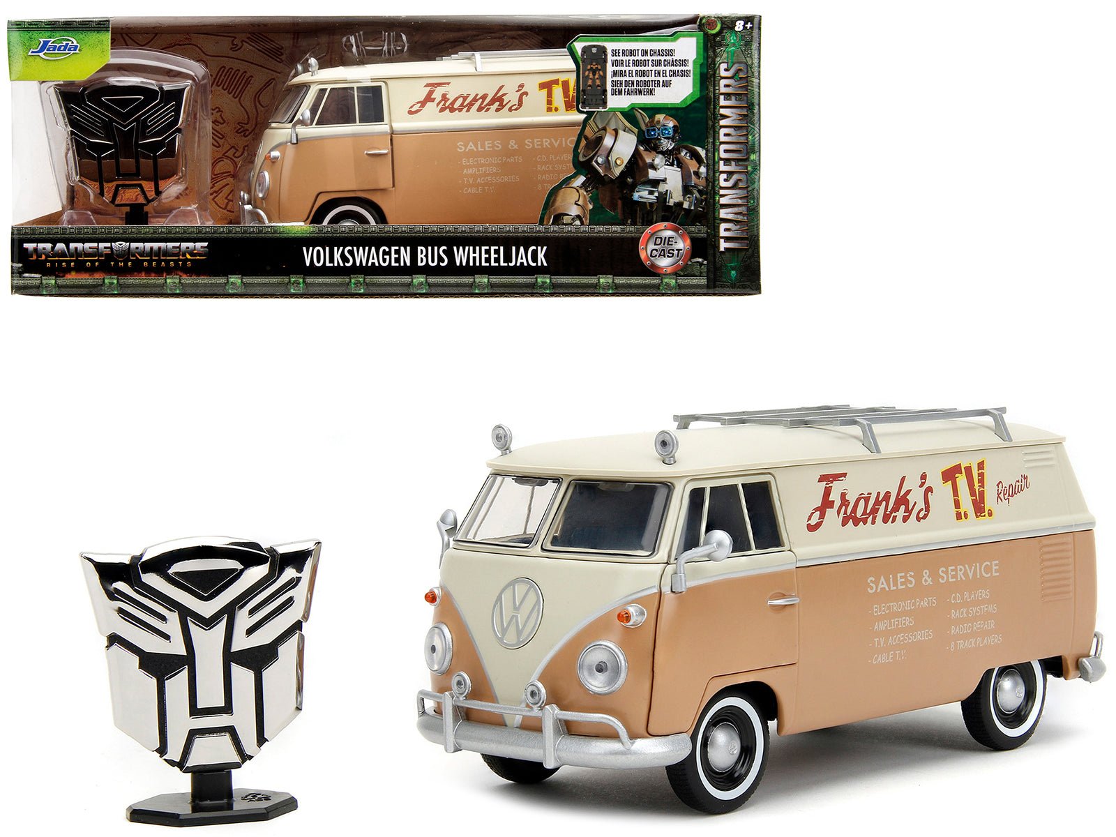 Volkswagen Bus "WheelJack" Tan and Beige "Frank's TV Repair" and Transformers Logo Diecast Statue "Transformers: Rise of the Beasts" (2023) Movie "Hollywood Rides" Series 1/24 Diecast Model Car by Jada free shipping USA - Rapid Vehicles