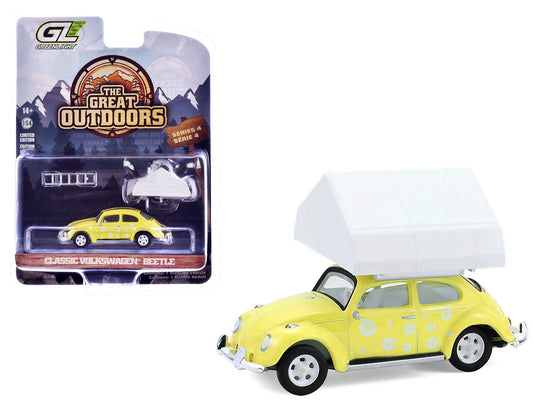 Volkswagen Classic Beetle Yellow with White Flower Graphics and Interior with Camp'otel Cartop Sleeper Tent "The Great Outdoors" Series 4 1/64 Diecast Model Car by Greenlight free shipping USA - Rapid Vehicles