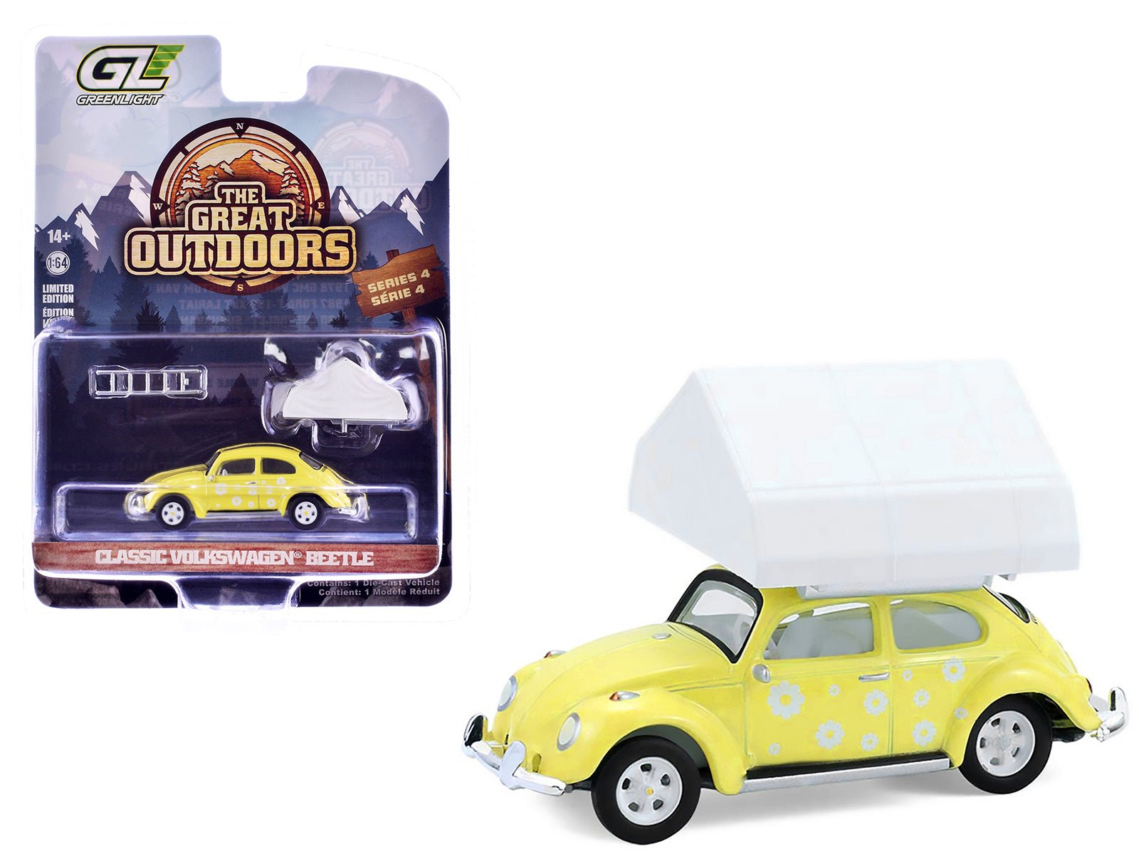 Volkswagen Classic Beetle Yellow with White Flower Graphics and Interior with Camp'otel Cartop Sleeper Tent "The Great Outdoors" Series 4 1/64 Diecast Model Car by Greenlight free shipping USA - Rapid Vehicles