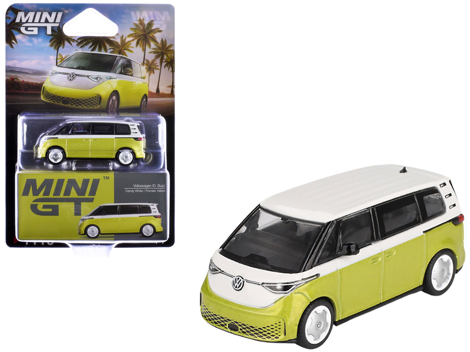 Volkswagen ID. Buzz Van Pomelo Yellow Metallic and Candy White Limited Edition 1/64 Diecast Model Car by Mini GT free shipping USA - Rapid Vehicles
