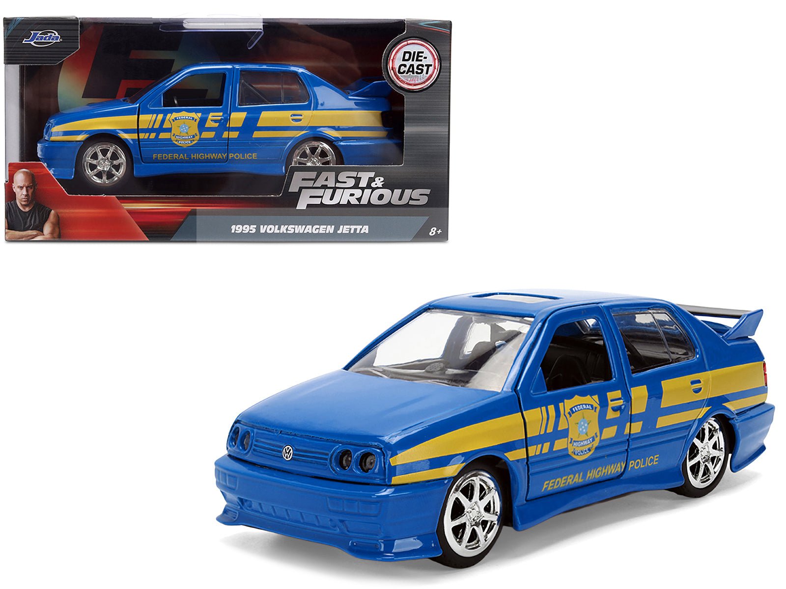 Volkswagen Jetta Police Vehicle "Rio Federal Highway Police" Blue with Yellow Stripes "Fast Five" (2011) Movie "Fast & Furious" Series 1/32 Diecast Model Car by Jada free shipping USA - Rapid Vehicles