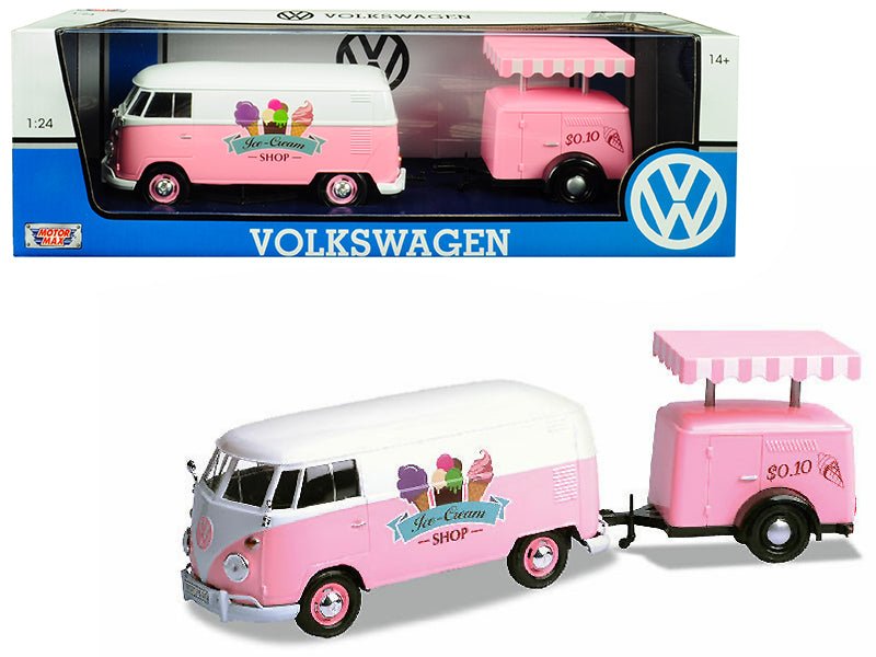 Volkswagen T1 Delivery Van with Ice-Cream Trailer Pink and White "Ice-Cream Shop" 1/24 Diecast Model Car by Motormax free shipping USA - Rapid Vehicles