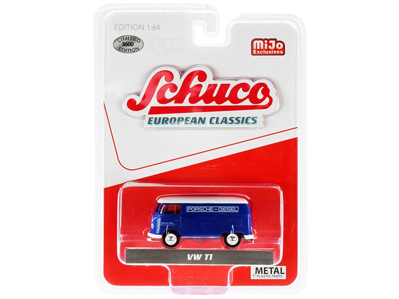 Volkswagen T1 Panel Bus "Porsche Diesel" Blue with White Top "European Classics" Series Limited Edition to 3600 pieces Worldwide 1/64 Diecast Model by Schuco free shipping USA - Rapid Vehicles