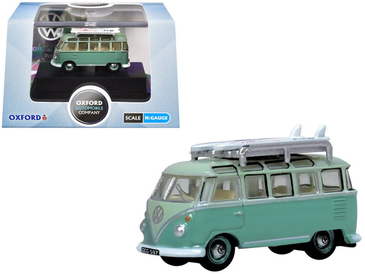 Volkswagen T1 Samba Bus RHD (Right Hand Drive) Green Two - Tone with Surfboards on Roof Rack 1/148 (N) Scale Diecast Model Car by Oxford Diecast free shipping USA - Rapid Vehicles