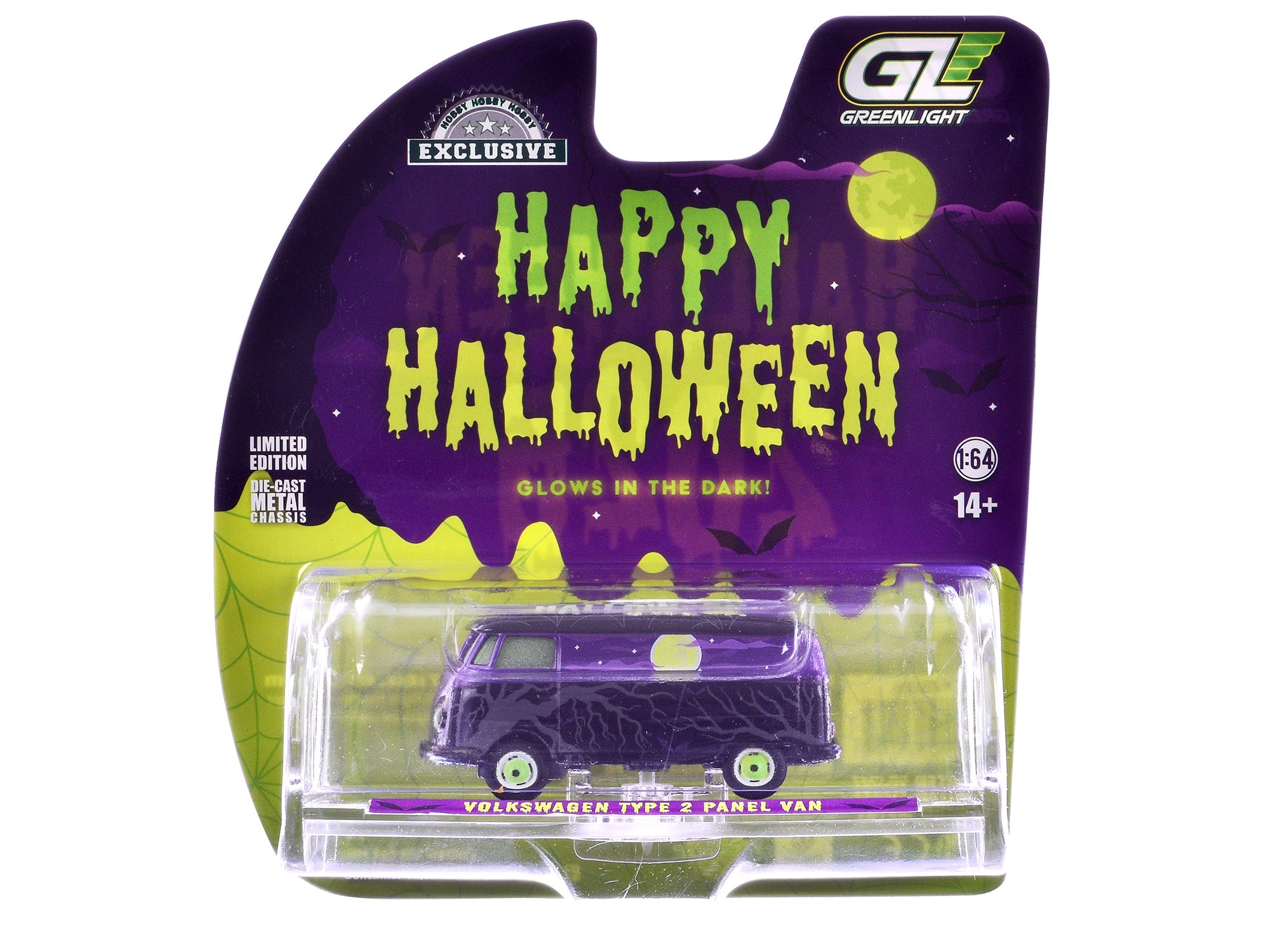 Volkswagen Type 2 Panel Van "Halloween 2025 - Spooky Night" Black and Purple with "Glow in the Dark" Paint "Hobby Exclusive" Series 1/64 Diecast Model Car by Greenlight free shipping USA - Rapid Vehicles