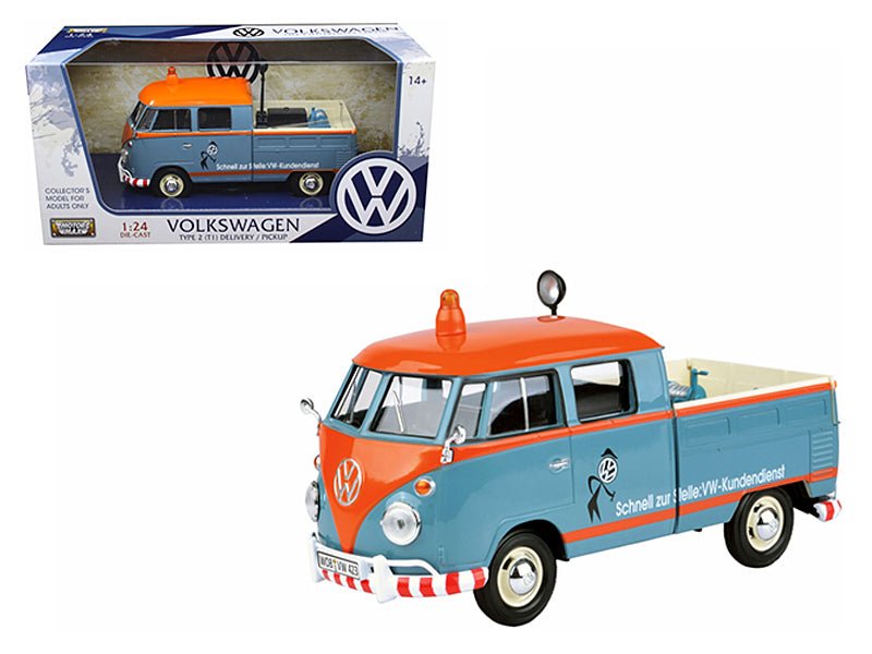 Volkswagen Type 2 (T1) Delivery Service Pickup Truck Blue and Orange "VW-Kundendienst" 1/24 Diecast Model Car by Motormax free shipping USA - Rapid Vehicles