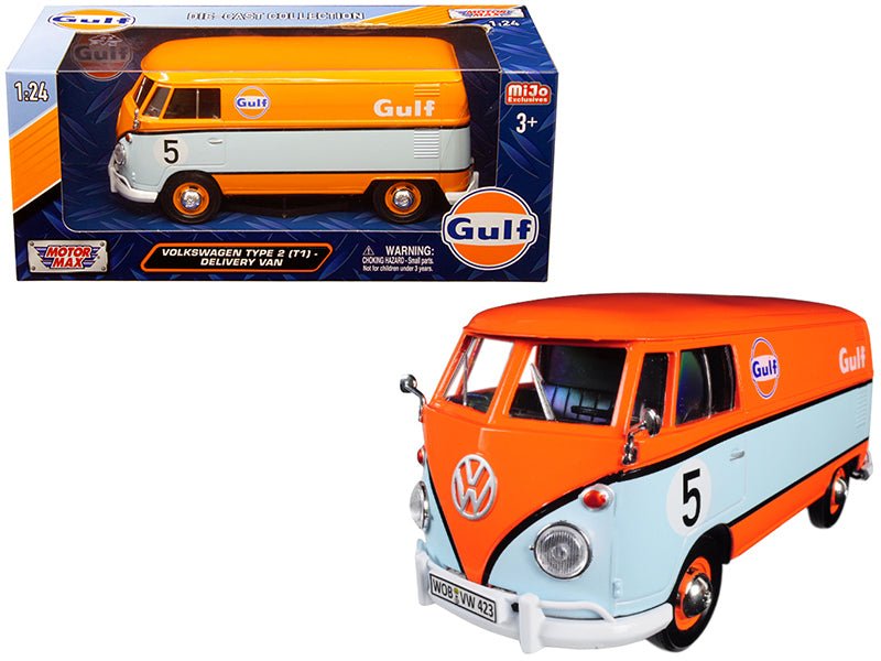 Volkswagen Type 2 (T1) Delivery Van 5 "Gulf" Orange and Light Blue 1/24 Diecast Model Car by Motormax free shipping USA - Rapid Vehicles