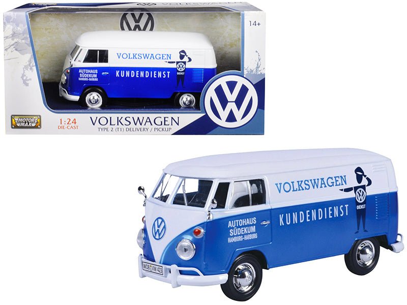 Volkswagen Type 2 (T1) Delivery Van Autohaus Sudekum "Kundendienst" Candy Blue and White 1/24 Diecast Model Car by Motormax free shipping USA - Rapid Vehicles