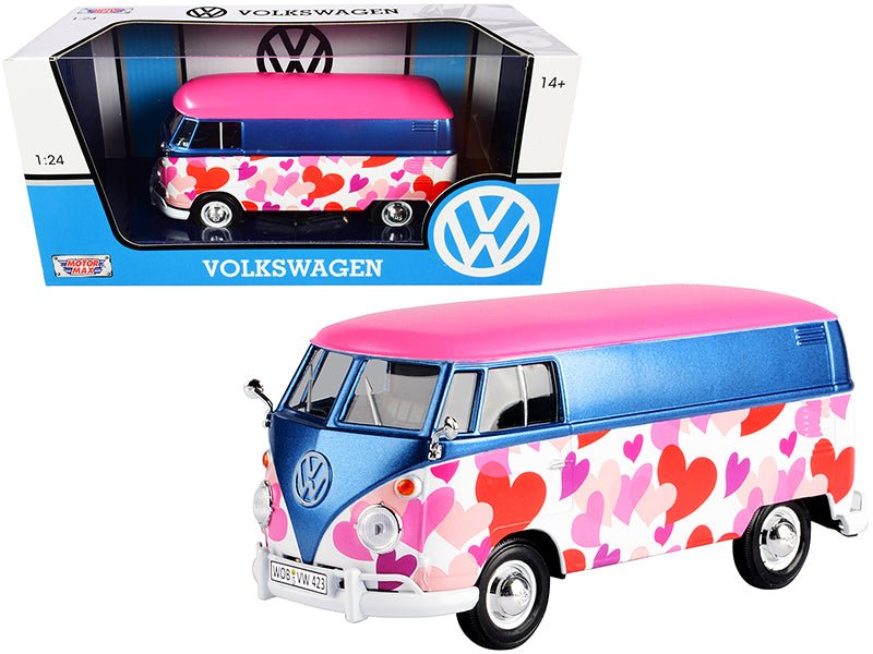 Volkswagen Type 2 (T1) Delivery Van "Love" Pink and Blue Metallic 1/24 Diecast Model Car by Motormax free shipping USA - Rapid Vehicles