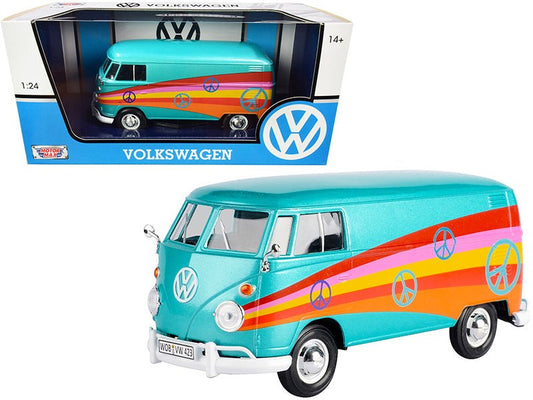 Volkswagen Type 2 (T1) Delivery Van "Peace" Turquoise Metallic 1/24 Diecast Model Car by Motormax free shipping USA - Rapid Vehicles