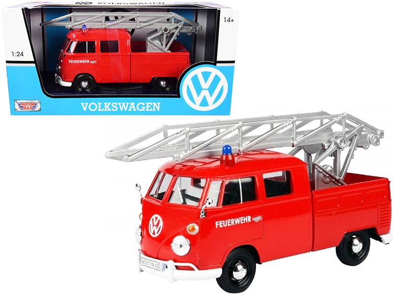 Volkswagen Type 2 (T1) Fire Truck with Aerial Ladder "Feuerwehr" Red 1/24 Diecast Model Car by Motormax free shipping USA - Rapid Vehicles