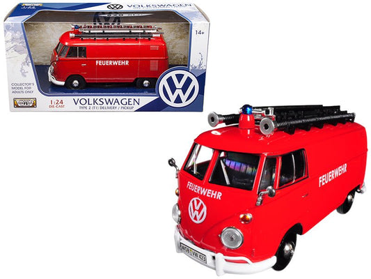 Volkswagen Type 2 (T1) Fire Van "Feuerwehr" Red 1/24 Diecast Model Car by Motormax free shipping USA - Rapid Vehicles