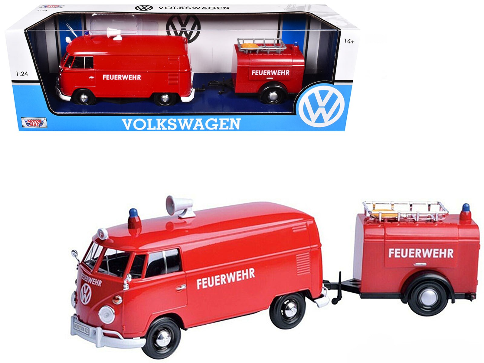 Volkswagen Type 2 (T1) Fire Van with Fire Fighting Trailer "Feuerwehr" Red 1/24 Diecast Model Car by Motormax free shipping USA - Rapid Vehicles