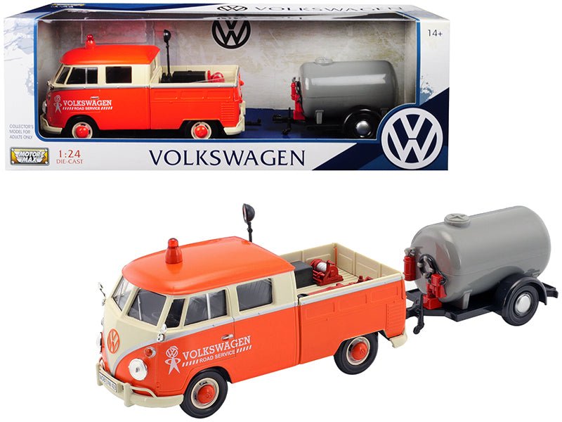 Volkswagen Type 2 (T1) Pickup Truck Orange and Cream with Oil Trailer "Road Service" 1/24 Diecast Model Car by Motormax free shipping USA - Rapid Vehicles