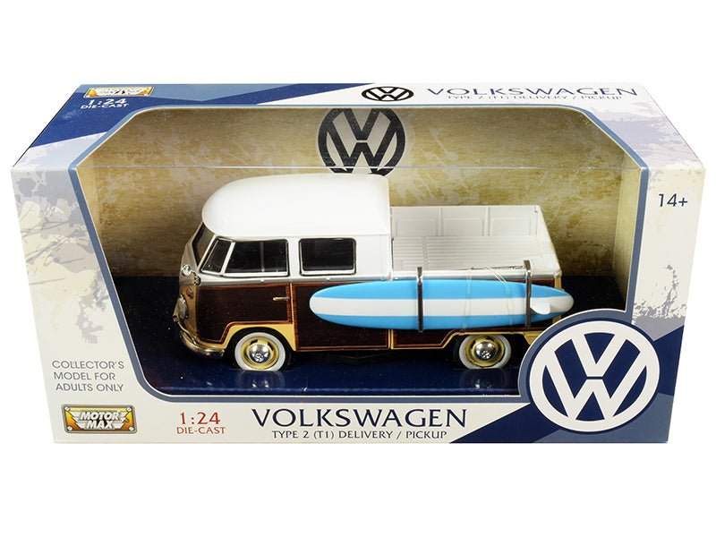 Volkswagen Type 2 (T1) Pickup White and Yellow with Wood Paneling with Surfboard 1/24 Diecast Model Car by Motormax free shipping USA - Rapid Vehicles