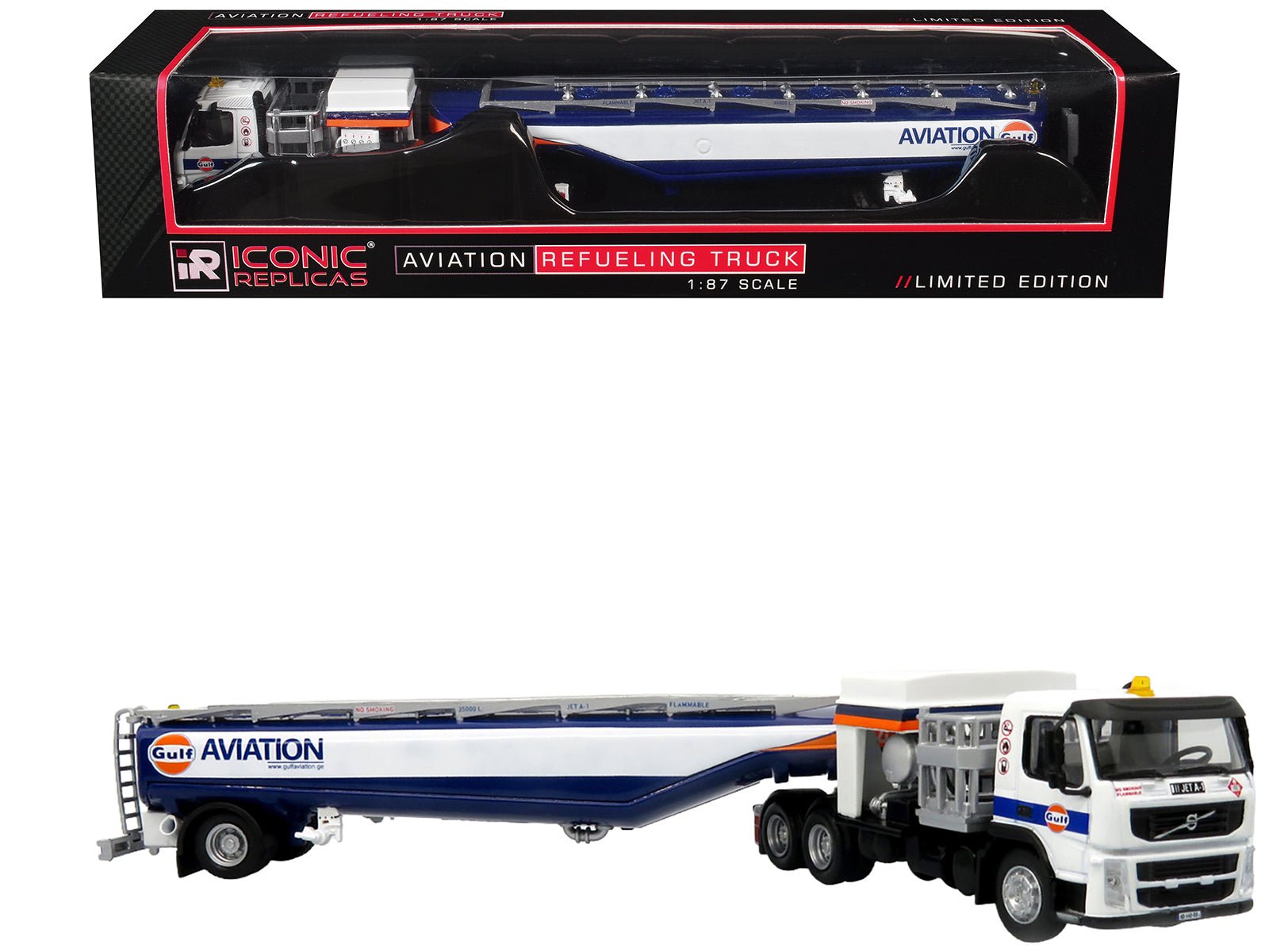 Volvo FM500 with Esterer Aviation Refueling Tanker Truck "Gulf Aviation" White with Blue Stripes Limited Edition 1/87 (HO) Diecast Model by Iconic Replicas free shipping USA - Rapid Vehicles