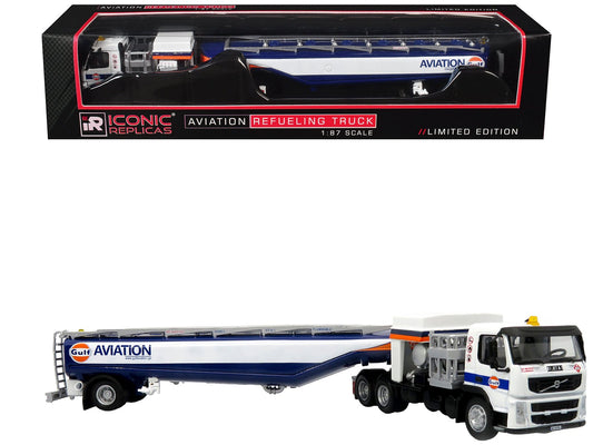 Volvo FM500 with Esterer Aviation Refueling Tanker Truck "Gulf Aviation" White with Blue Stripes Limited Edition 1/87 (HO) Diecast Model by Iconic Replicas free shipping USA - Rapid Vehicles