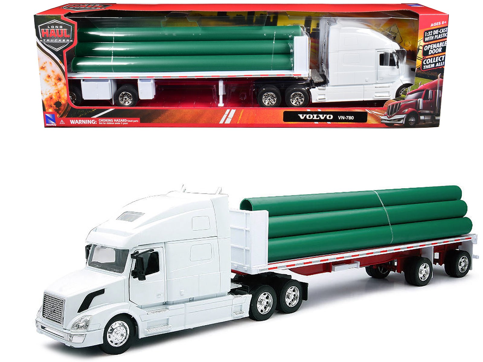 Volvo VN - 780 Truck with Flatbed Trailer and Long Pipes White "Long Haul Truckers" Series 1/32 Diecast Model by New Ray free shipping USA - Rapid Vehicles