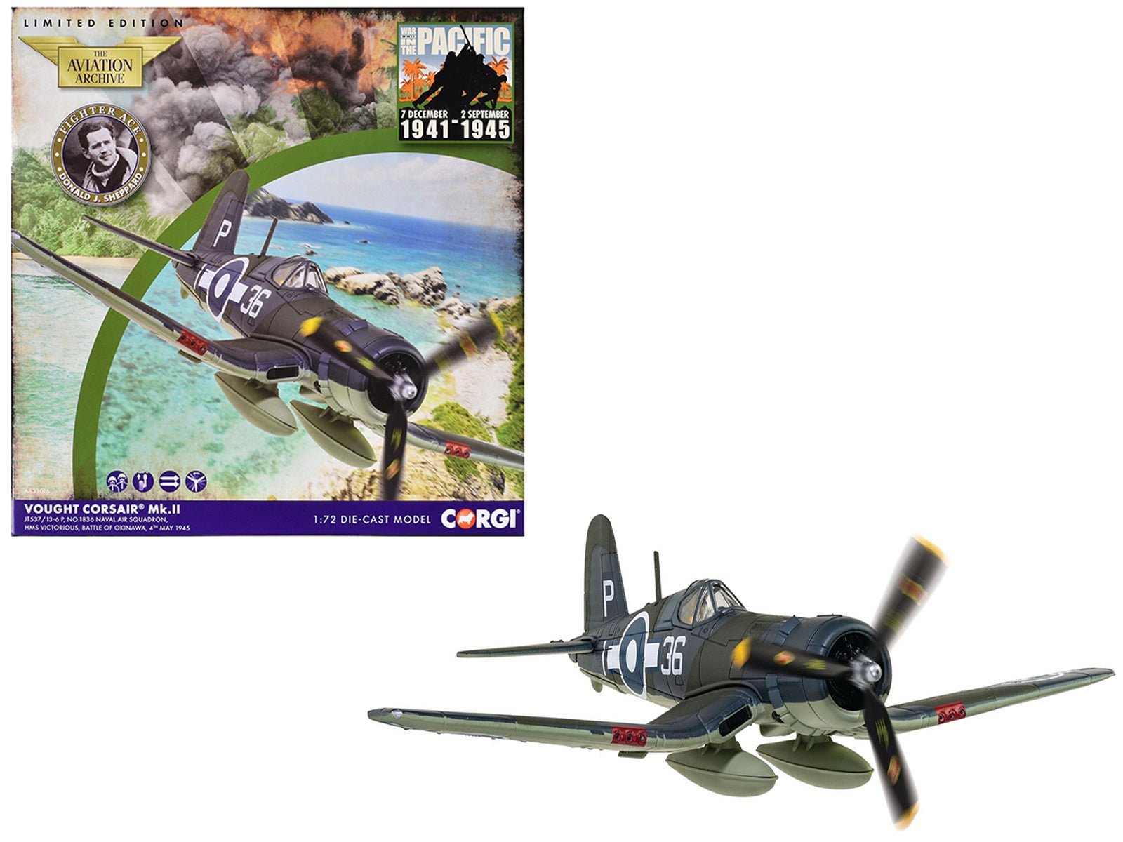 Vought Corsair Mk. II Fighter Aircraft "JT537 1836 Naval Air Squadron HMS Victorious Battle of Okinawa" (1945) British Royal Navy Fleet Air Arm "The Aviation Archive" Series 1/72 Diecast Model by Corgi free shipping USA - Rapid Vehicles