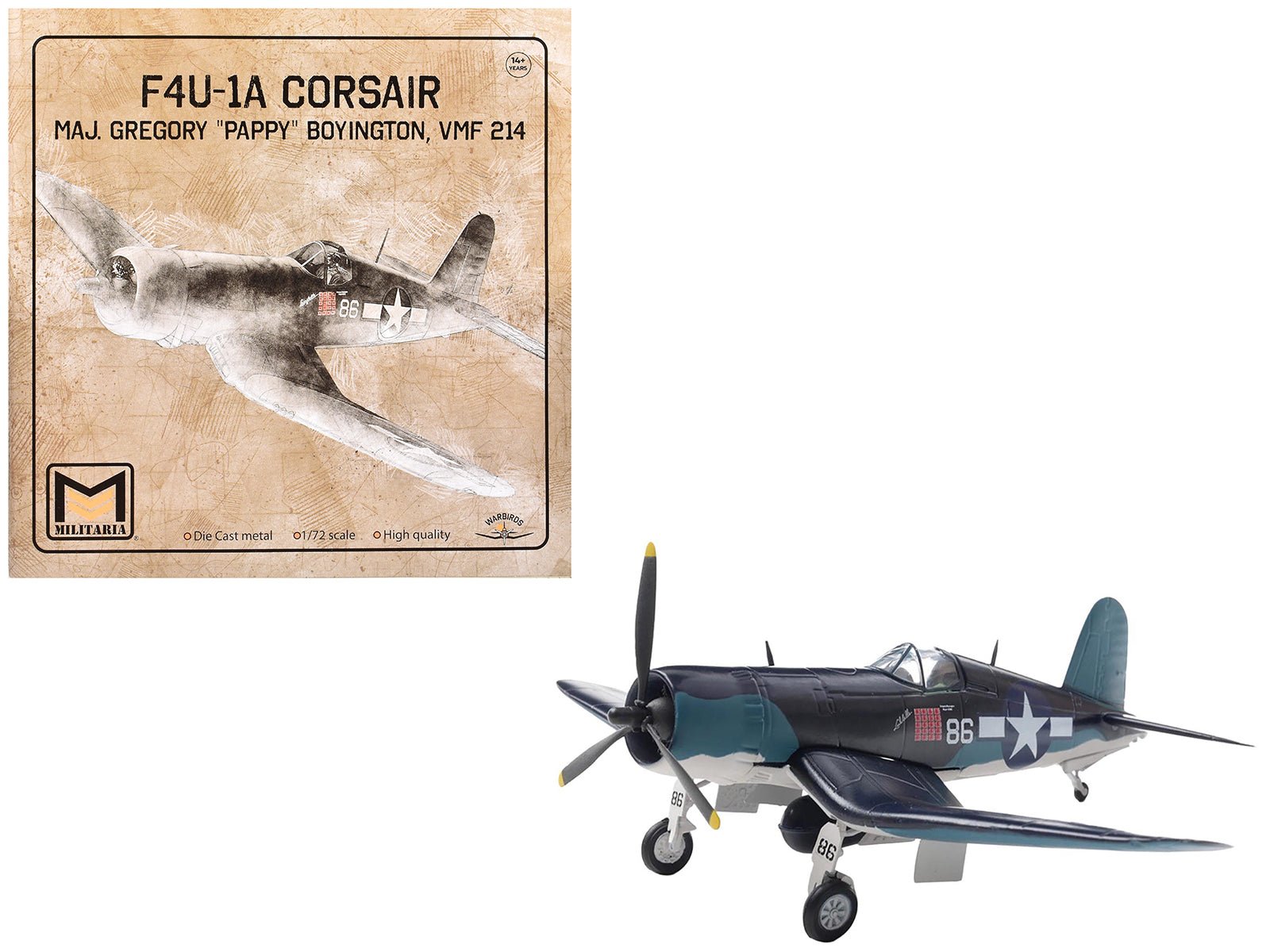 Vought F4U - 1A Corsair Fighter Aircraft "Maj. Gregory "Pappy" Boyington VMF 214" United States Marine Corps 1/72 Diecast Model by Militaria Die Cast free shipping USA - Rapid Vehicles